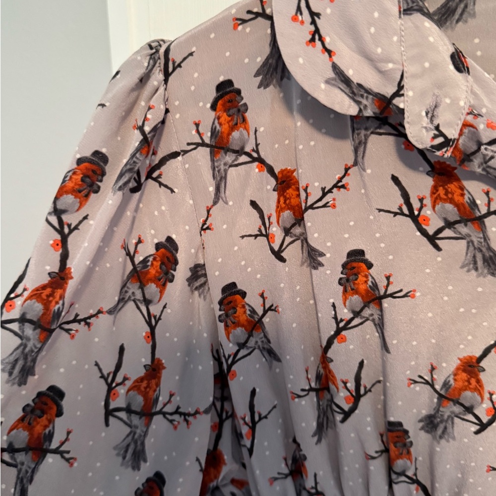 Vintage designer Paul & Joe Gray Sister Blouse with Orange Bird Design